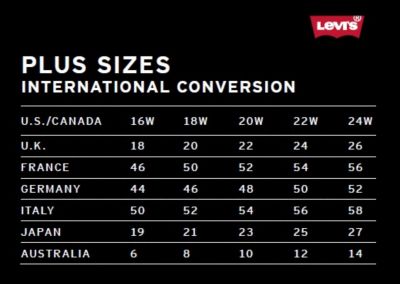 size chart for levi's