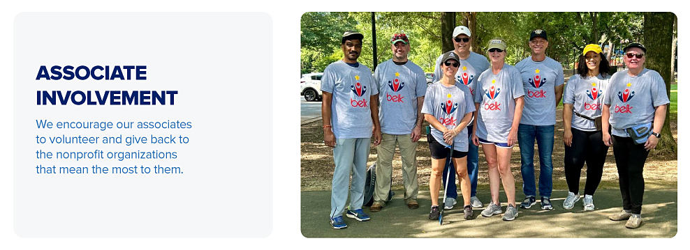 Associate involvement. We encourage our associates to volunteer and give back to the nonprofit organizations that mean the most to them. An image featuring Belk associates wearing matching Belk graphic shirts at a volunteer event.