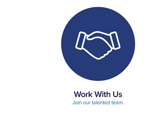 A graphic of people shaking hands. Work with us. Join our talented team.