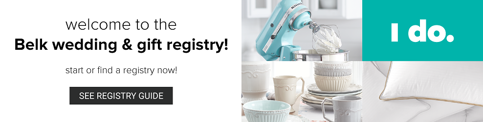 A man wearing a black tuxedo, white white shirt & black bow tie standing next to a woman wearing a white wedding dress. Welcome to the Belk wedding & gift registry. Start or find a registry now. See registry guide.