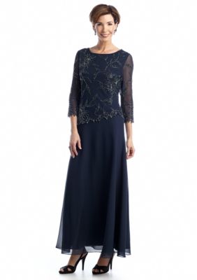 three quarter sleeve beaded mesh godet gown in green granite