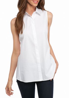 sleeveless white button up