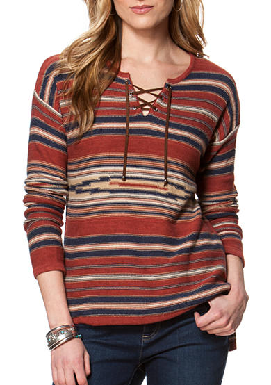 Chaps Striped Lace Up Sweater