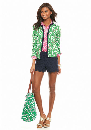 crown & ivy™ crown & ivy™ Pelican Party Cardigan, Geo Button Down Shirt, Eyelet Scallop Shorts