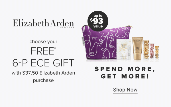 A purple Elizabeth Arden bag with a variety of Elizabeth Arden beauty products. Choose your free six piece gift with $37.50 Elizabeth Arden purchase. Up to $93 value.
