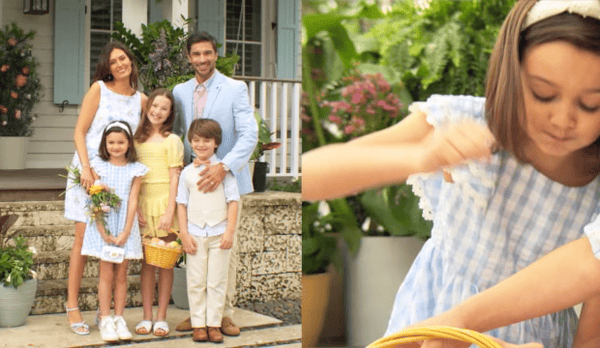 Video of a family dressed in easter outfits.