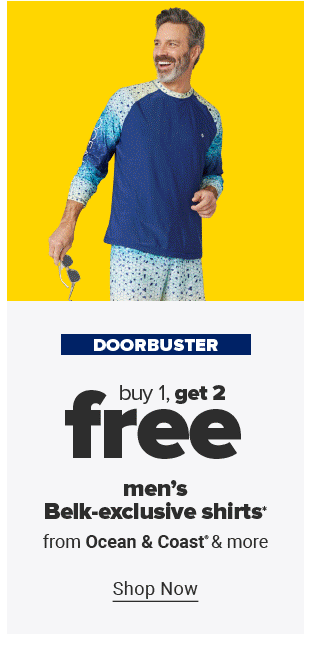  A man wearing a blue and green tropical button-up with green shorts. A young man wearing a pink, button-up shirt featuring a fun print and matching shorts. A man wearing a red, tropical-themed, button-up shirt and khaki shorts. A man wearing a two-piece swimsuit featuring a long sleeve, blue top and matching shorts. Doorbuster. Buy one, get two free men's Belk-exclusive fashion from Ocean and Coast and more. Shop now.