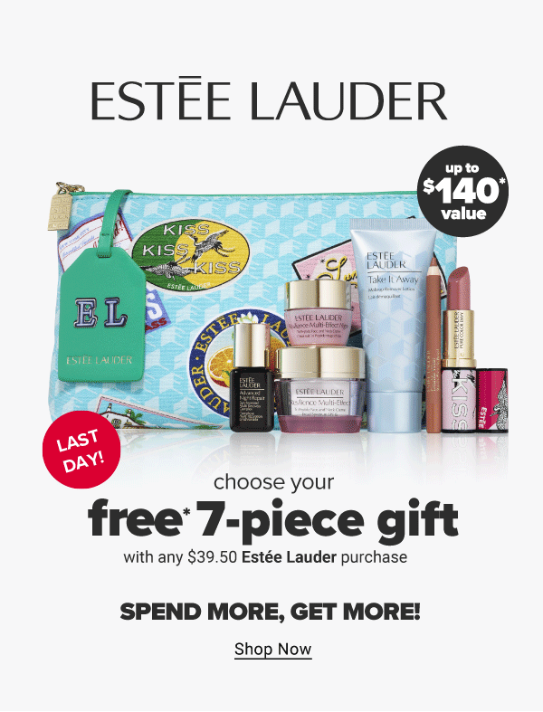 Last Day! Estee Lauder online exclusive gift with purchase. Choose your free 7-piece gift with any $39.50 Estee Lauder purchase. Available on most items. Spend more, get more! Up to $140 value. Shop Now.