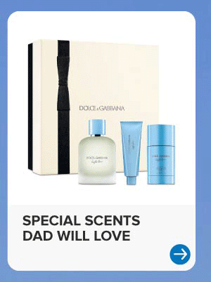 A rotating gif with fragrance sets from Dolce and Gabbana, Jimmy Choo and Versace. Special scents dad will love.