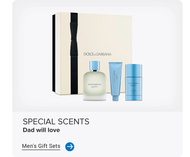 A gif displaying men's gift sets from Dolce & Gabbana, Jimmy Choo and Versace. Special scents dad will love. Men's gift sets.
