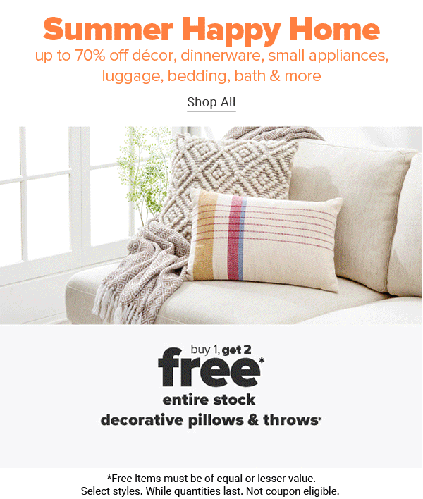 Weekly Spotlight - Summer Happy Home. Up to 70% off decor, dinnerware, small appliances, luggage, bedding, bath & more. Shop All.