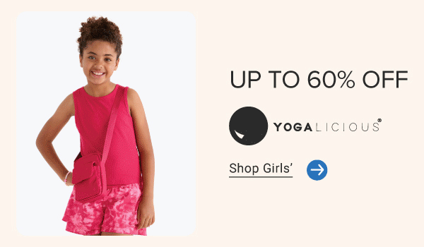 A girl in a red activewear tank top and red printed shorts. Up to 60% off. YOGALICIOUS. Shop girls'. A girl in a purple activewear shirt and shorts. Up to 60% off YOGALICIOUS. Shop girls'.