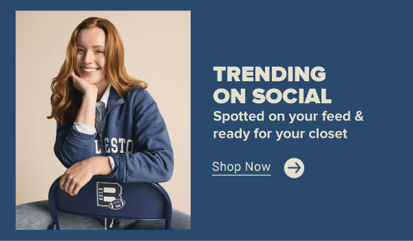 A woman in a blue crewneck and jeans. Trending on social. Spotted on your feed & ready for your closet. Shop now.