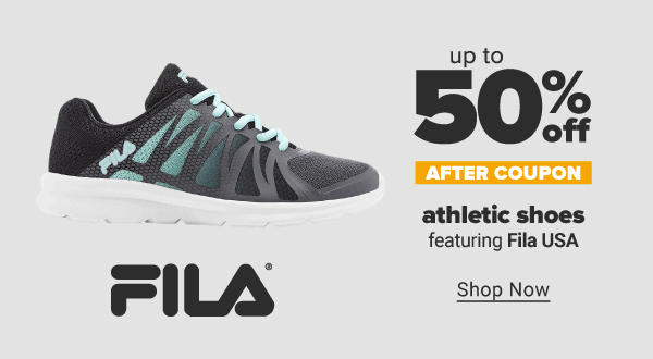 Up to 50% off athletic shoes after coupon, featuring FILA USA. Shop Now.