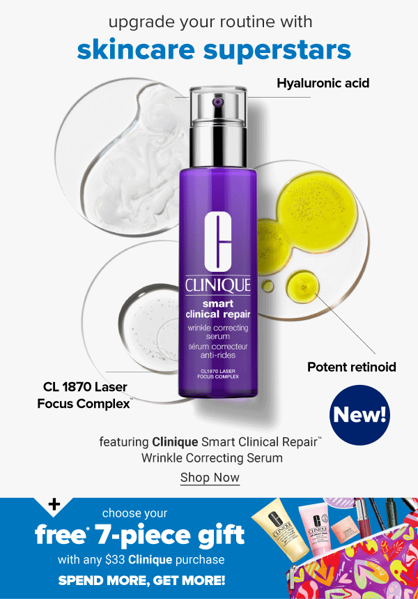 Upgrade your routine with skincare superstars featuring NEW! Clinique Smart Clinical Repair Wrinkle Correcting Serum. Shop Now.