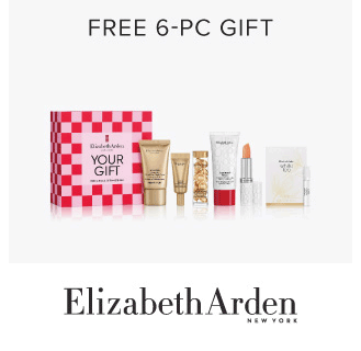 Image of a beauty gift set. Free 6-piece gift. Elizabeth Arden. 