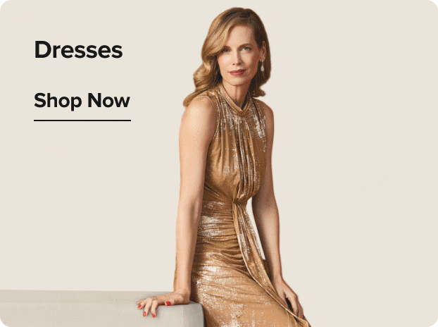 Dresses. Shop now. A woman wearing a gold dress.