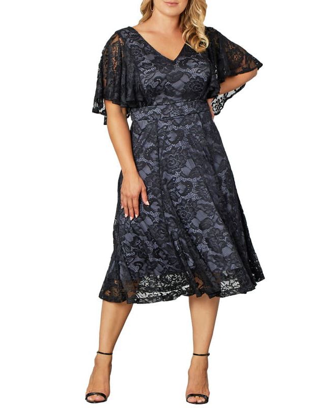 kiyonna plus size cocktail dresses Women's Sweetheart Midi Wrap Dress, Wedding Guest, Wear to Work, Party or Semi-Formal Event, 3/4 Sleeves, Navy Blue Size 0X (10-12) at Amazon Women's Clothing store: Sweetheart Knit Perfect for wedding guests Kiyonna Plus Size Pretty Petals
