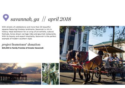 Savannah, Georgia. April 2018. With streets of cobblestone and more than 20 beautiful squares featuring timeless landmarks, Savannah is rich in history. Head downtown for an array of art exhibits, cultural festivals, horse drawn carriage rides and gourmet restaurants. With its beauty and expert hospitality. Savannah is the perfect example of modern southern style. Charitable Donation. $20,000 to Family Promise of Greater Savannah.