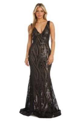 Long V Front Swirl Pattern Sequin W Power Mesh Side Insets And Deep Back