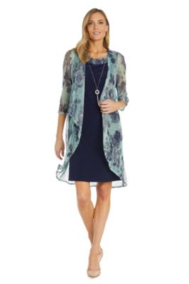 R&M Richards Women's 2-Piece Metallic Print Chiffon Jacket Dress With Ruffles