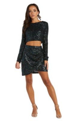 2 Pc Sequins Long Sleeve Jewel Neckline Top W Short Mock Wrap Skirt