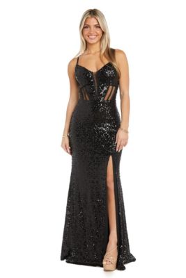 Long Slim Sequin W Corset Bodice Mesh Insets And Side Slit