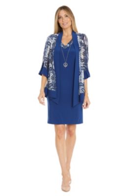 2Pc Printed Jacketjacket Dress With Contrast Ity Ruffle Sleeve And Trim A V Neck Tank Detachable Necklace