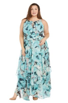 Long Printed Chiffon Halter Dress With Hankie Hemline Keyhole Front