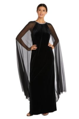 1Pc Long Velvet Dress With Rhinestone Neck And Chiffon Cape