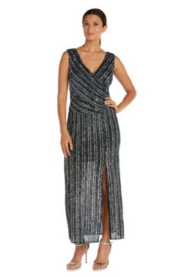 1Pc Multi Stripe Sequin Bare Shoulder Surplice Long Dress