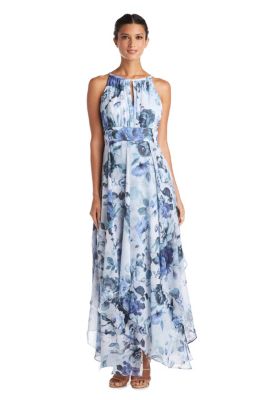 Long Printed Chiffon Halter Dress With Hankie Hemline Keyhole Front