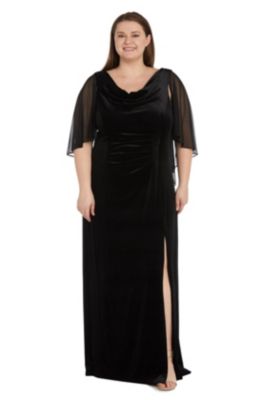 1Pc Velvet And Chiffon Side Drape Cowl Neck Caplet Long Dress