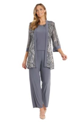 3 Pc Pantset All Over Feather Pattern Sequin Jacket W Bell Sleeves, Trim Tank And Ity Pant