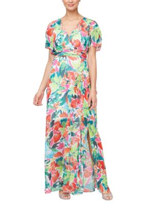 Long Printed Maxi with Surplice Necklin