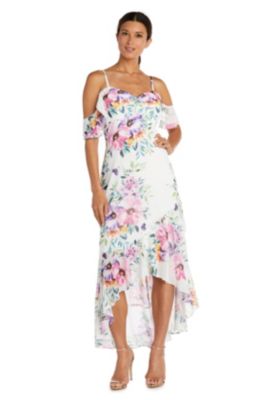 White Ground Floral Print Off The Shoulder Sweetheart Neckline W Spaghetti Straps And Hi Low Flounce Hemline