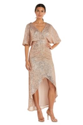 All Over Sequins Hi Low, Mock Wrap Cape Effect W Ruched Skirt Detail