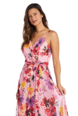 Long Floral Print Mock Wrap W Tie Waist And Spaghetti Straps