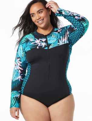 Beach House Women Sport Plus Sculpt Long Sleeve Zip Front One Piece Swimsuit