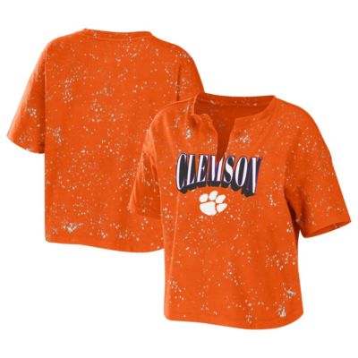 NCAA Clemson Tigers Bleach Wash Splatter Cropped Notch Neck T-Shirt