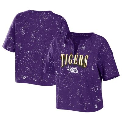 NCAA LSU Tigers Bleach Wash Splatter Cropped Notch Neck T-Shirt