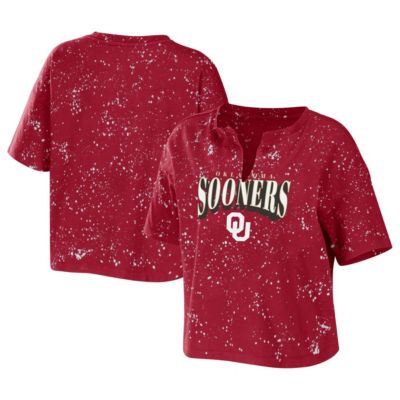 NCAA Oklahoma Sooners Bleach Wash Splatter Cropped Notch Neck T-Shirt