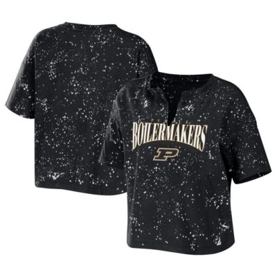 NCAA Purdue Boilermakers Bleach Wash Splatter Cropped Notch Neck T-Shirt