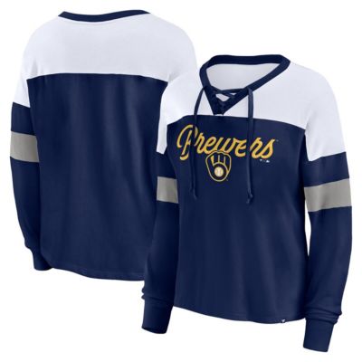 MLB Fanatics Milwaukee Brewers Even Match Lace-Up Long Sleeve V-Neck T-Shirt