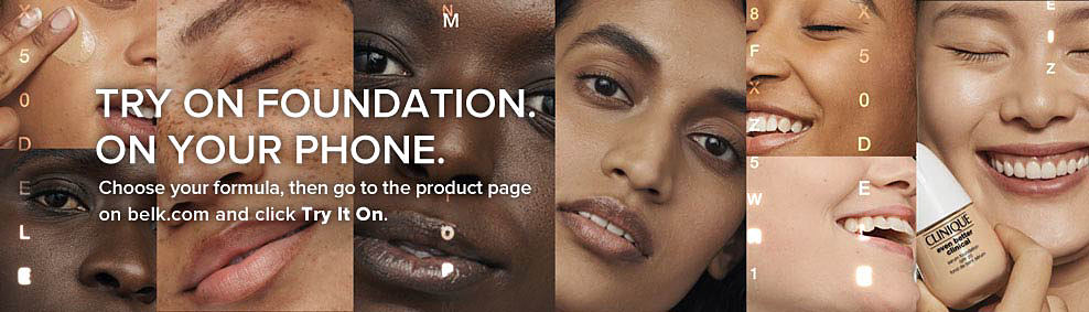 Images of women's faces in a variety of skin tones. Try on foundation. On your phone. Choose your formula, then go to the product page on belk.com and click Try It On.