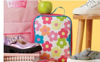 Image of Levi's® backpack, pink shoe, notebooks, apple on top of floral lunch box, stool and sneakers