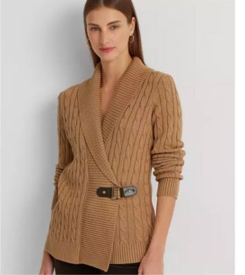 Image of woman wearing brown cable knit cardigan sweater