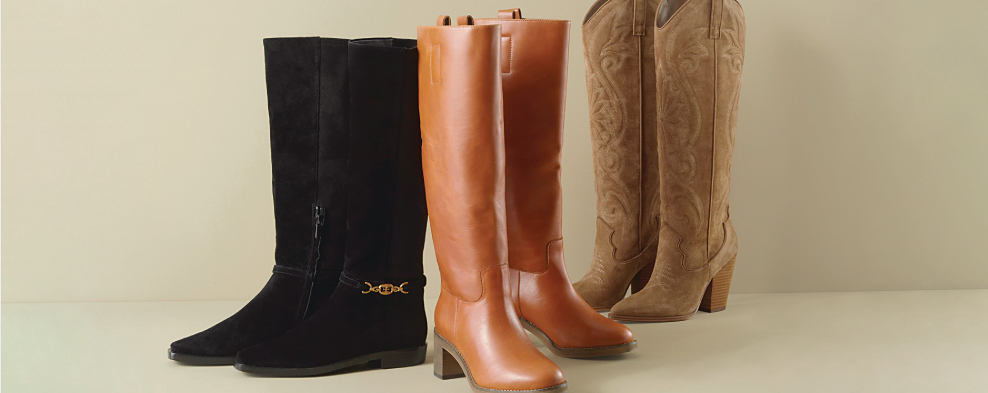 Image of black, brown and tan tall boots