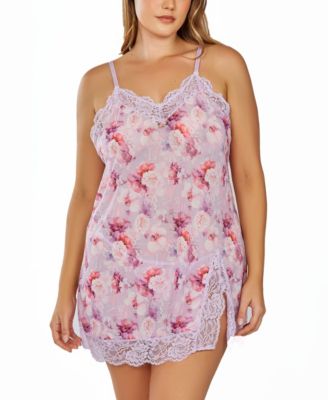 iCollection Woman's Plus Sized 1PC Brushed Soft floral Chemise Trimmed Elegant Lace and a front slit