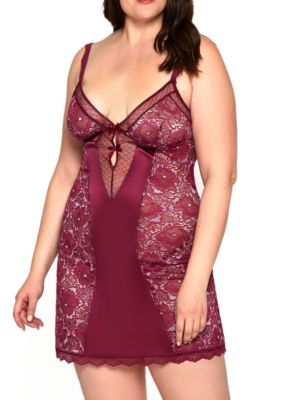 Sadie Plus Soft-Cup Mesh, Satin, & Lace Chemise Patterned with Panels and Stretch Satin